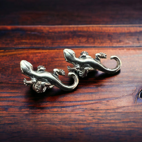 Sterling Gecko Post Earrings - Cowhide and Conchos