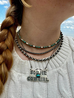 Sterling Melon & Turquoise Bead Choker - 14 - inch - Cowhide and Conchos