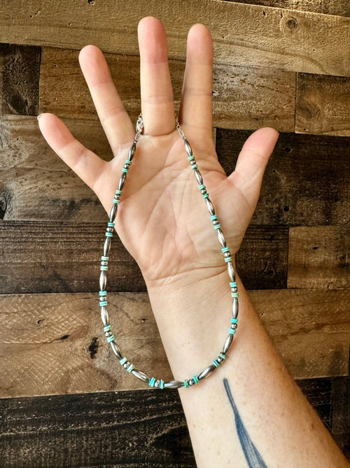 Sterling Melon & Turquoise Bead Choker - 14 - inch - Cowhide and Conchos