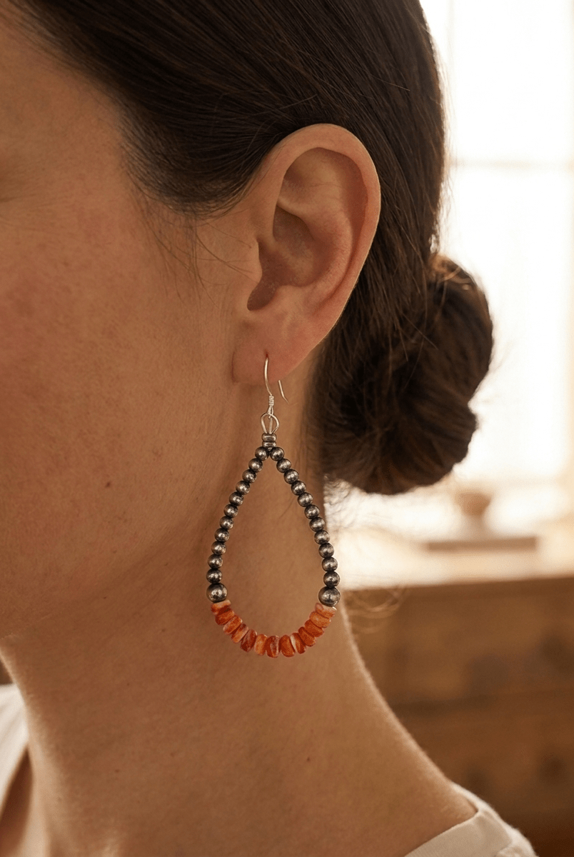 Sterling Pearl & Orange Spiny Oyster Teardrop Earrings — 2.5 inch drop (Made in USA) - Cowhide and Conchos