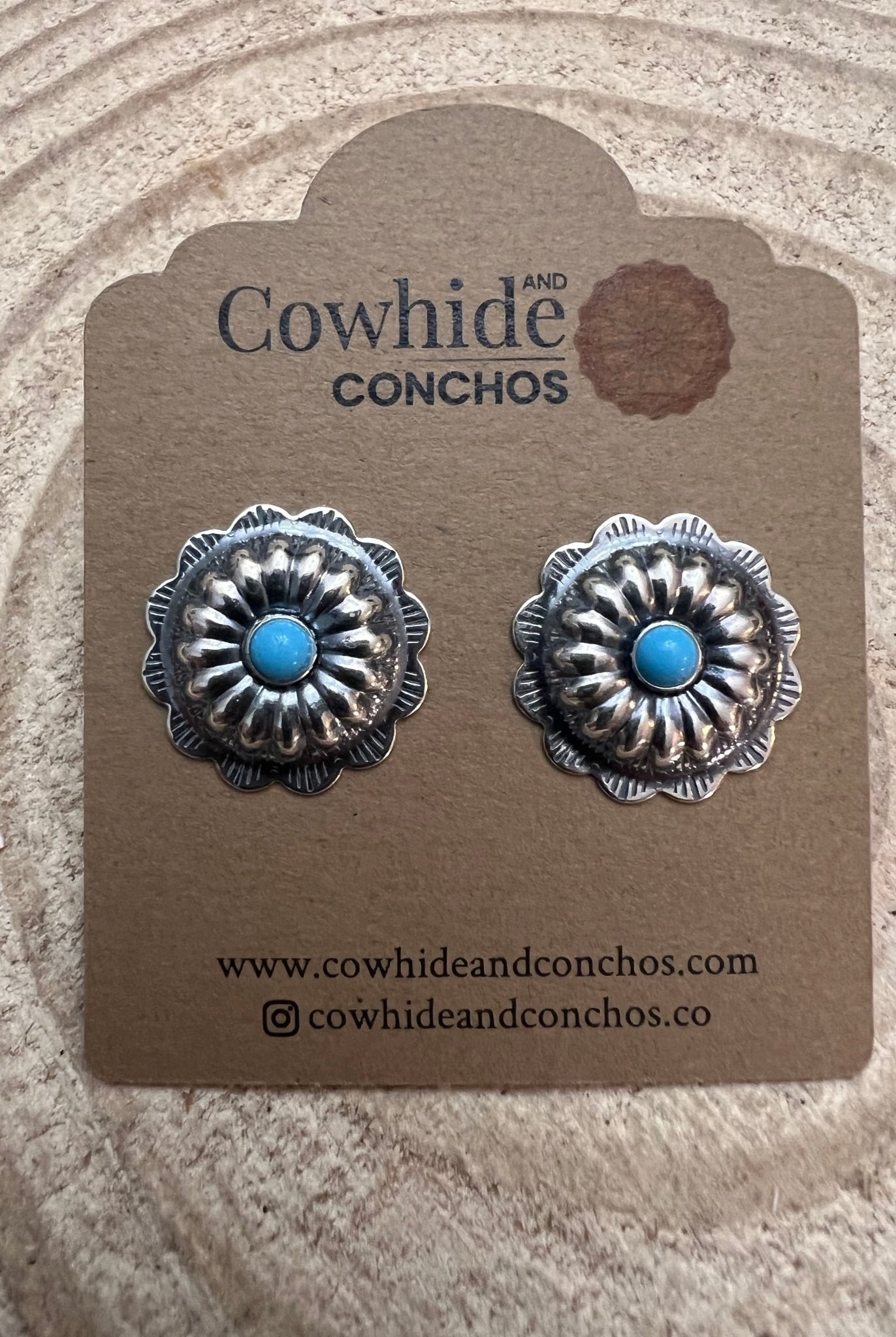 Sterling Silver Concho and Kingman Turquoise post earrings - Cowhide and Conchos
