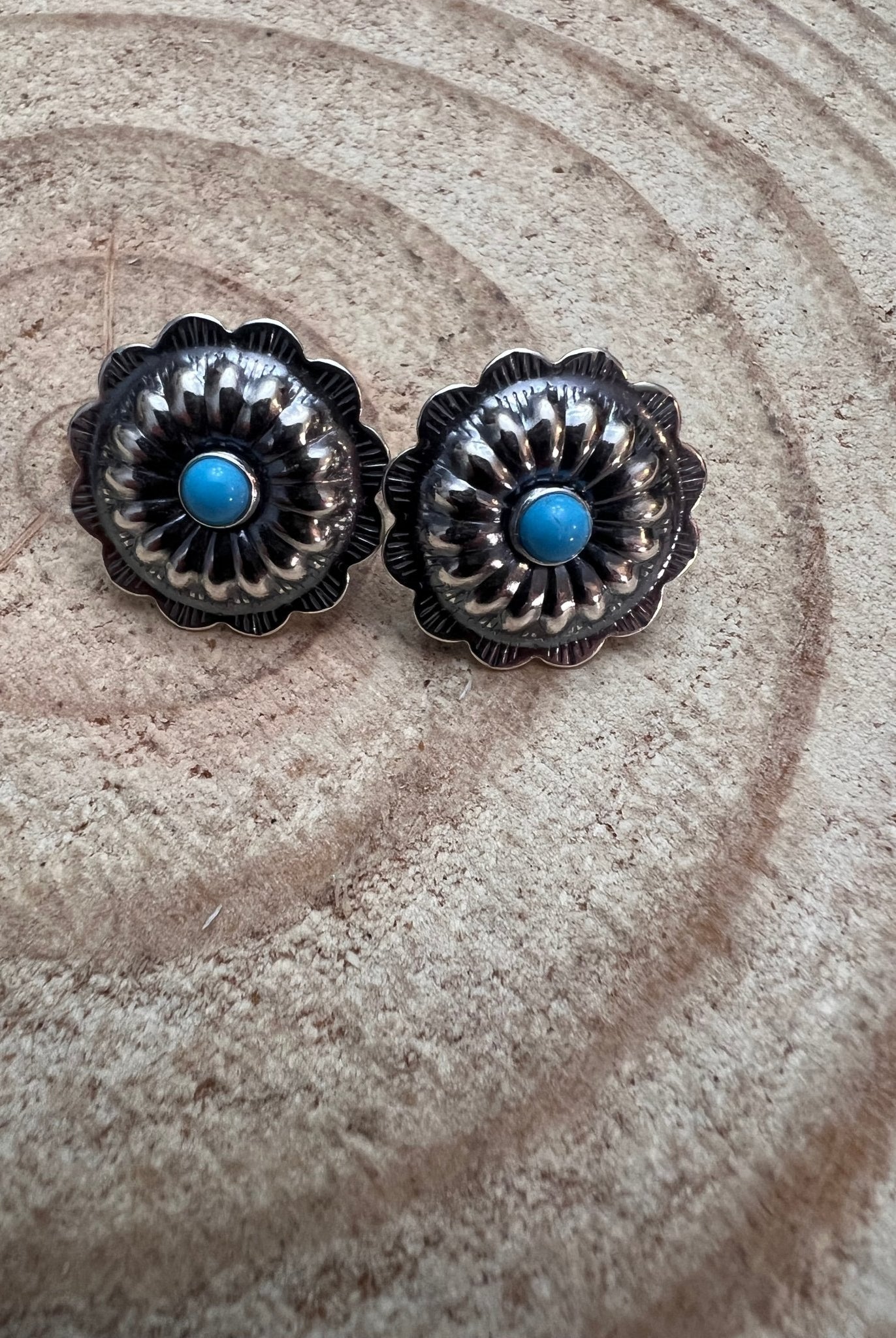 Sterling Silver Concho and Kingman Turquoise post earrings - Cowhide and Conchos