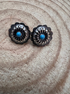 Sterling Silver Concho and Kingman Turquoise post earrings - Cowhide and Conchos