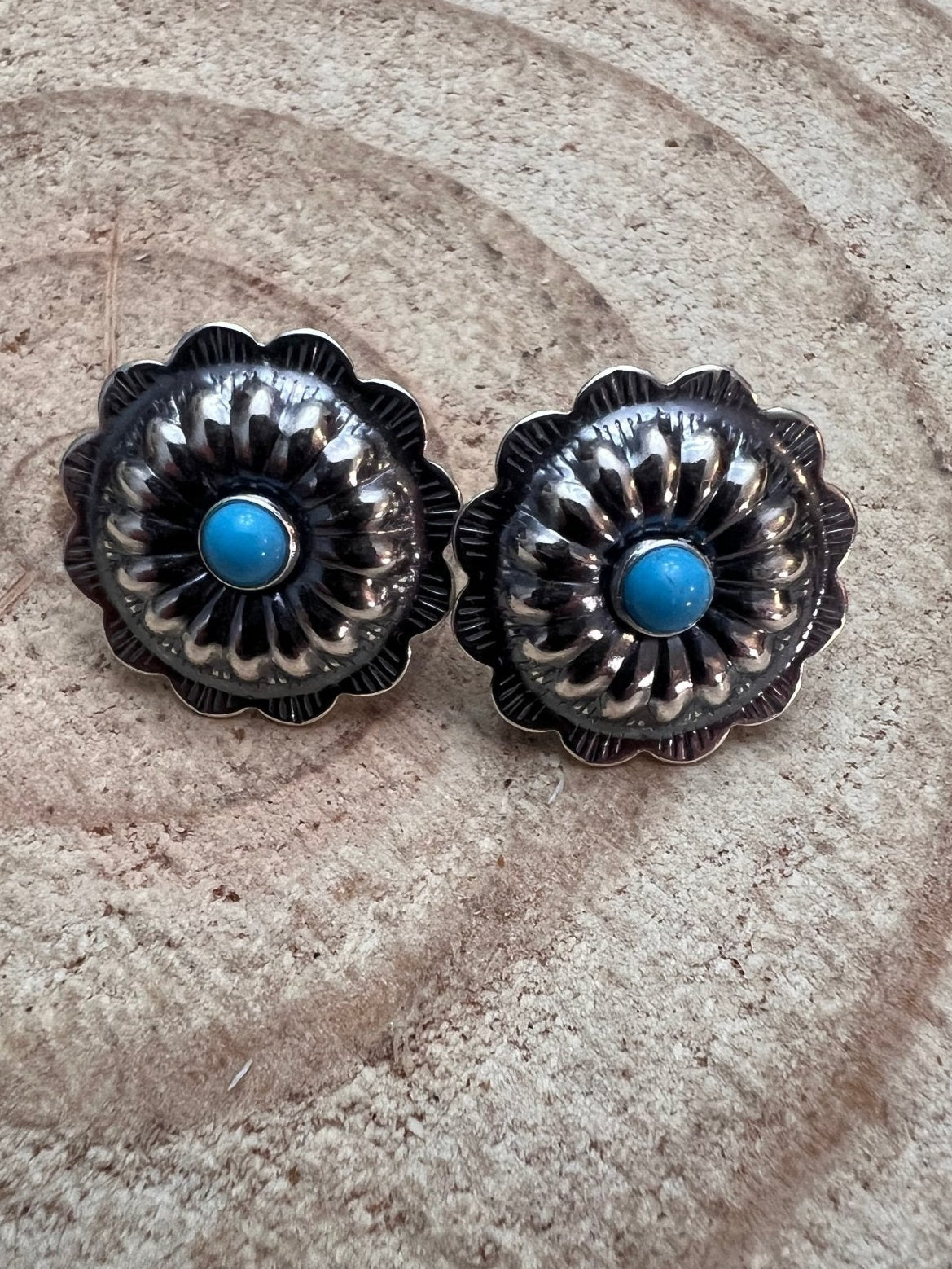 Sterling Silver Concho and Kingman Turquoise post earrings - Cowhide and Conchos