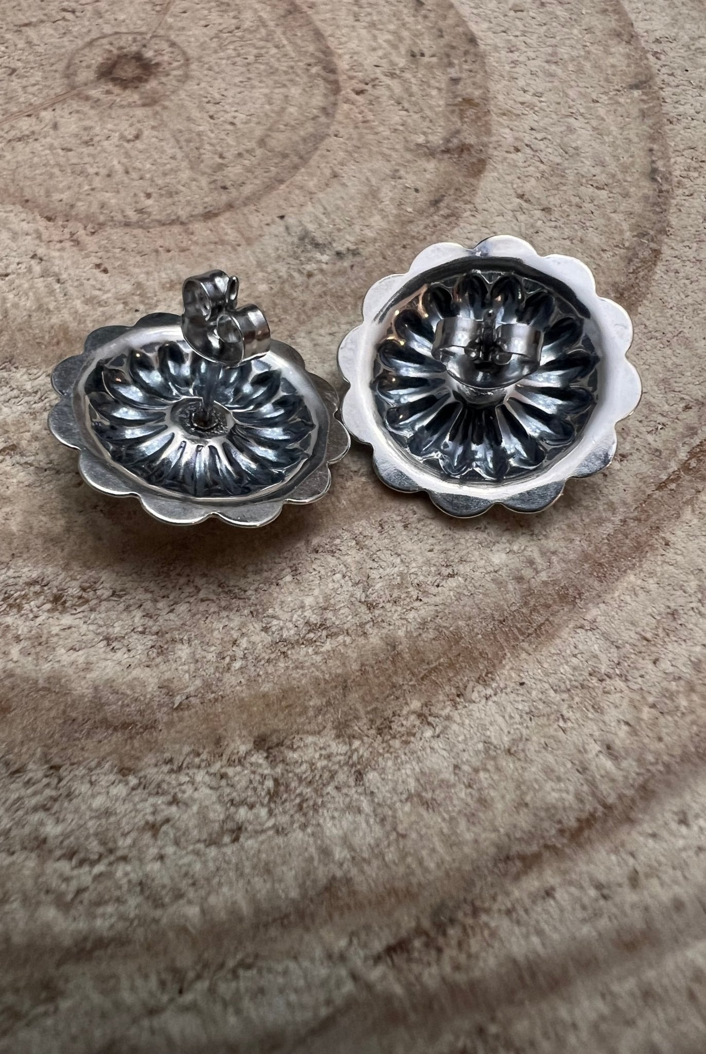 Sterling Silver Concho and Kingman Turquoise post earrings - Cowhide and Conchos