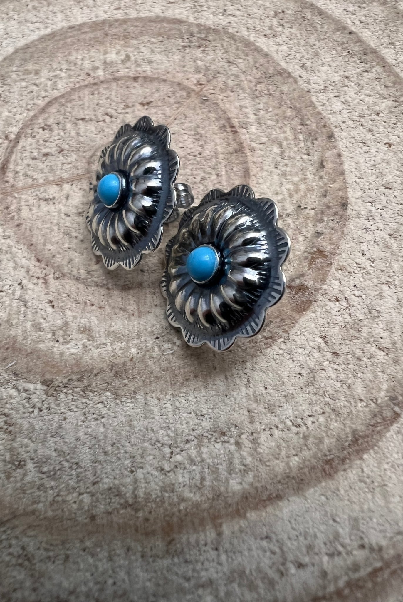Sterling Silver Concho and Kingman Turquoise post earrings - Cowhide and Conchos