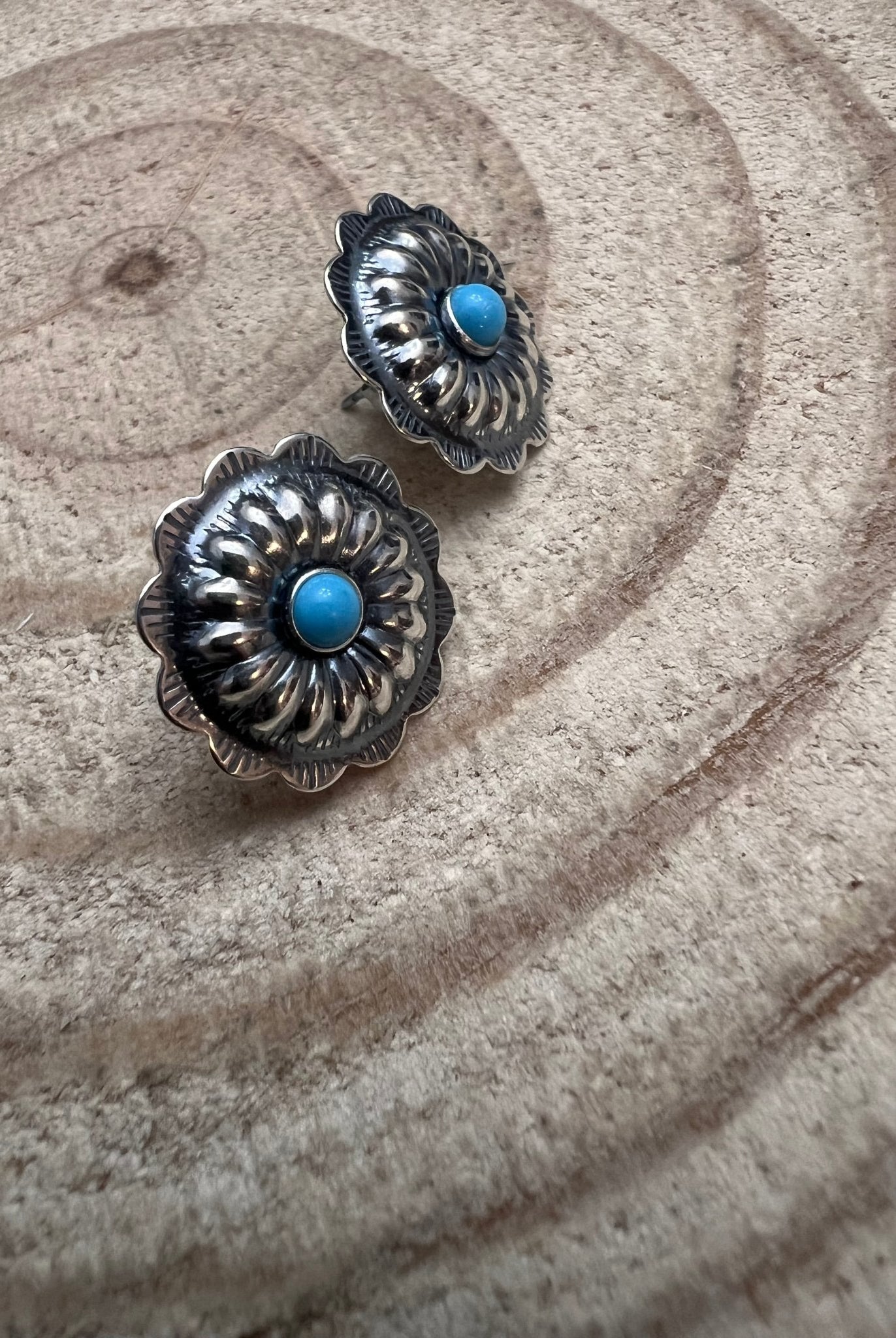 Sterling Silver Concho and Kingman Turquoise post earrings - Cowhide and Conchos