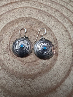 Sterling Silver Concho and Kingman Turquoise stud earrings - Cowhide and Conchos