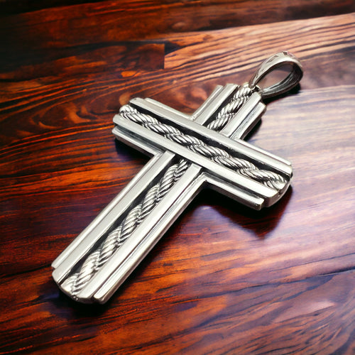 Sterling Silver Cross Pendant with Chain Inlay - Cowhide and Conchos