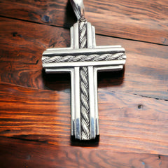 Sterling Silver Cross Pendant with Chain Inlay - Cowhide and Conchos