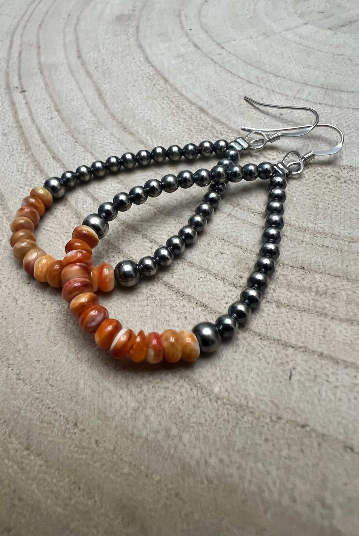 Sterling Silver Pearl & Orange Spiny Oyster Teardrop Earrings - 2 1/2 inch drop - Cowhide and Conchos