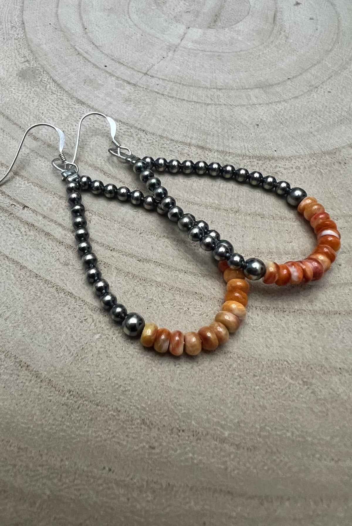 Sterling Silver Pearl & Orange Spiny Oyster Teardrop Earrings - 2 1/2 inch drop - Cowhide and Conchos