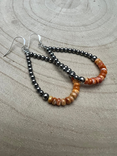 Sterling Silver Pearl & Orange Spiny Oyster Teardrop Earrings - 2 1/2 inch drop - Cowhide and Conchos