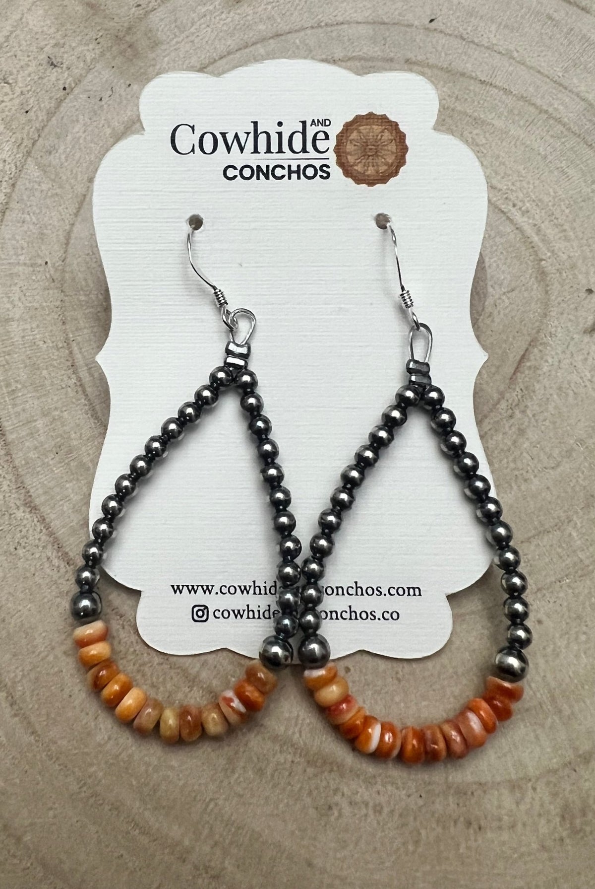Sterling Silver Pearl & Orange Spiny Oyster Teardrop Earrings - 2 1/2 inch drop - Cowhide and Conchos