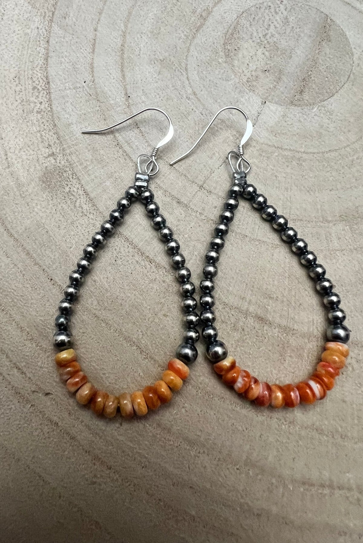 Sterling Silver Pearl & Orange Spiny Oyster Teardrop Earrings - 2 1/2 inch drop - Cowhide and Conchos
