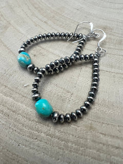 Sterling Silver Pearl & Turquoise Teardrop Earrings - 2 1/2 inch drop - Cowhide and Conchos