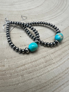 Sterling Silver Pearl & Turquoise Teardrop Earrings - 2 1/2 inch drop - Cowhide and Conchos