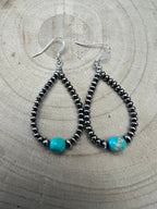 Sterling Silver Pearl & Turquoise Teardrop Earrings - 2 1/2 inch drop - Cowhide and Conchos