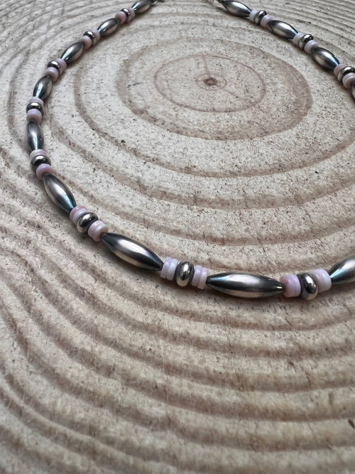 Sterling Torpedo Pearl Choker with Pink Conch - 14 inch + 3 - Cowhide and Conchos