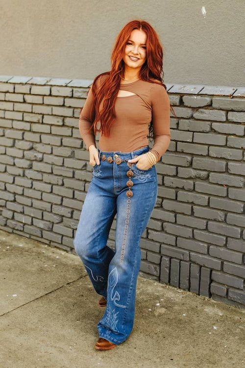 Stone Wash High Rise Boot Stitch Embroidered Flare Jeans - Cowhide and Conchos