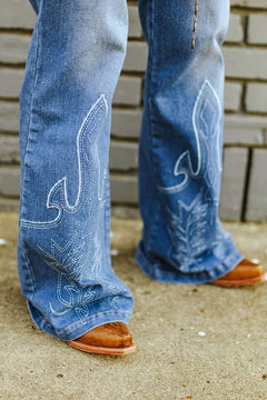 Stone Wash High Rise Boot Stitch Embroidered Flare Jeans - Cowhide and Conchos