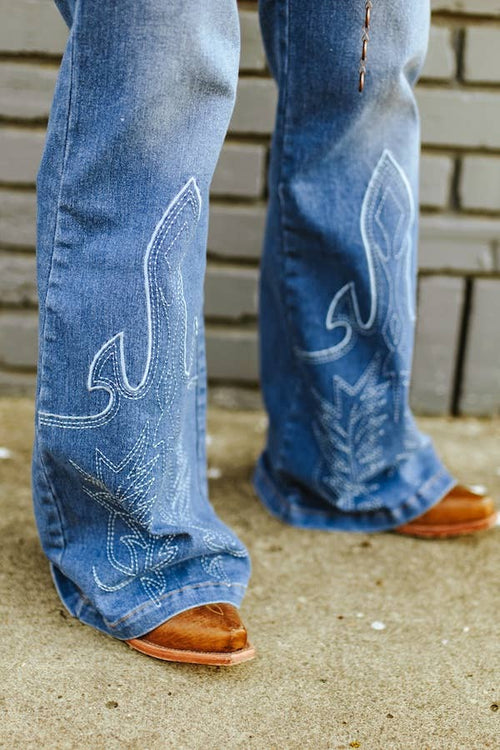 Stone Wash High Rise Boot Stitch Embroidered Flare Jeans - Cowhide and Conchos