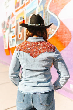 Stone Wash Red Yoke Denim Button Down Shirt - Cowhide and Conchos