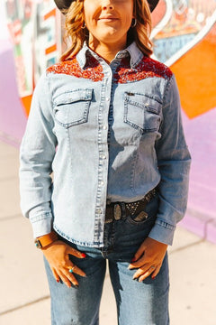 Stone Wash Red Yoke Denim Button Down Shirt - Cowhide and Conchos