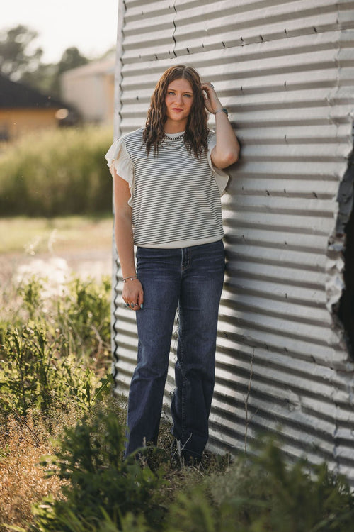 Striped Contrast Ruffle Detail Sleeveless Top - Cowhide and Conchos