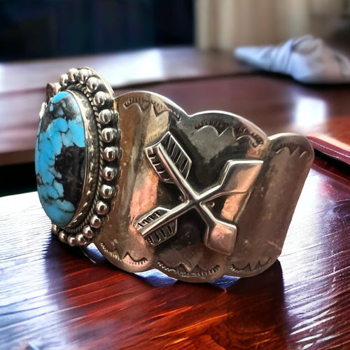 Suncup Blue Kingman Turquoise Hand Stamped Cuff - Cowhide and Conchos