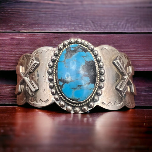 Suncup Blue Kingman Turquoise Hand Stamped Cuff - Cowhide and Conchos
