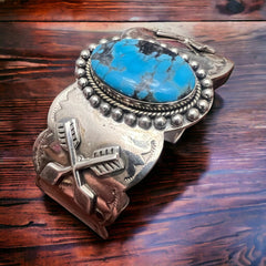 Suncup Blue Kingman Turquoise Hand Stamped Cuff - Cowhide and Conchos