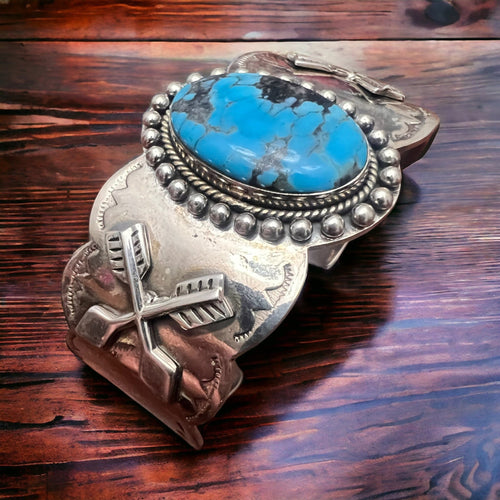 Suncup Blue Kingman Turquoise Hand Stamped Cuff - Cowhide and Conchos