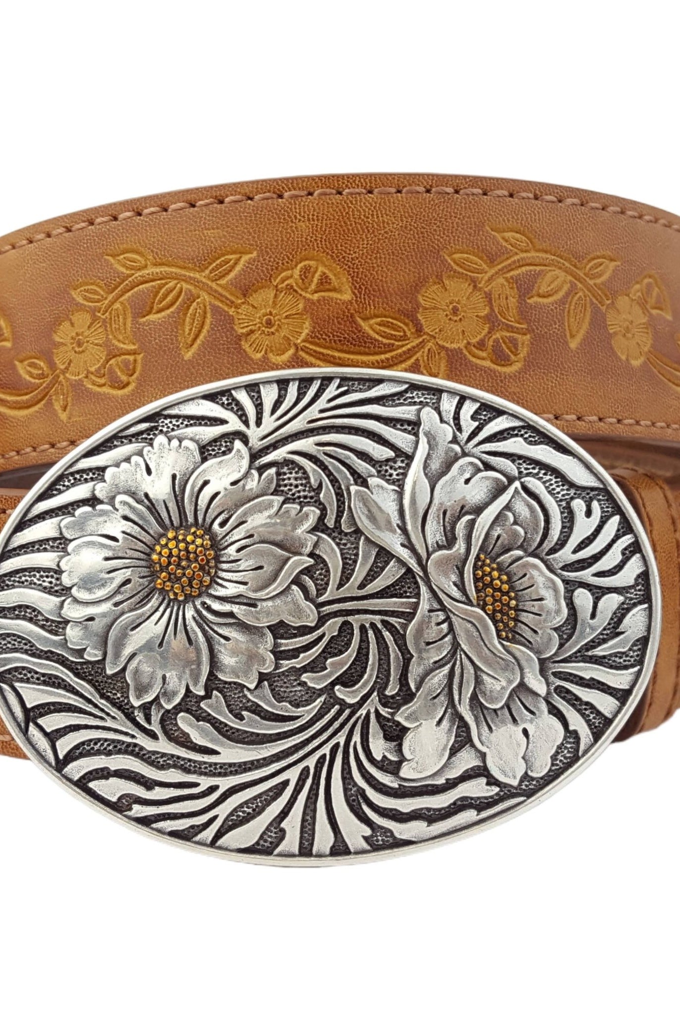 Sunflower Buckle with Vintage Floral Tooled Belt - Top Seller! - Cowhide and Conchos