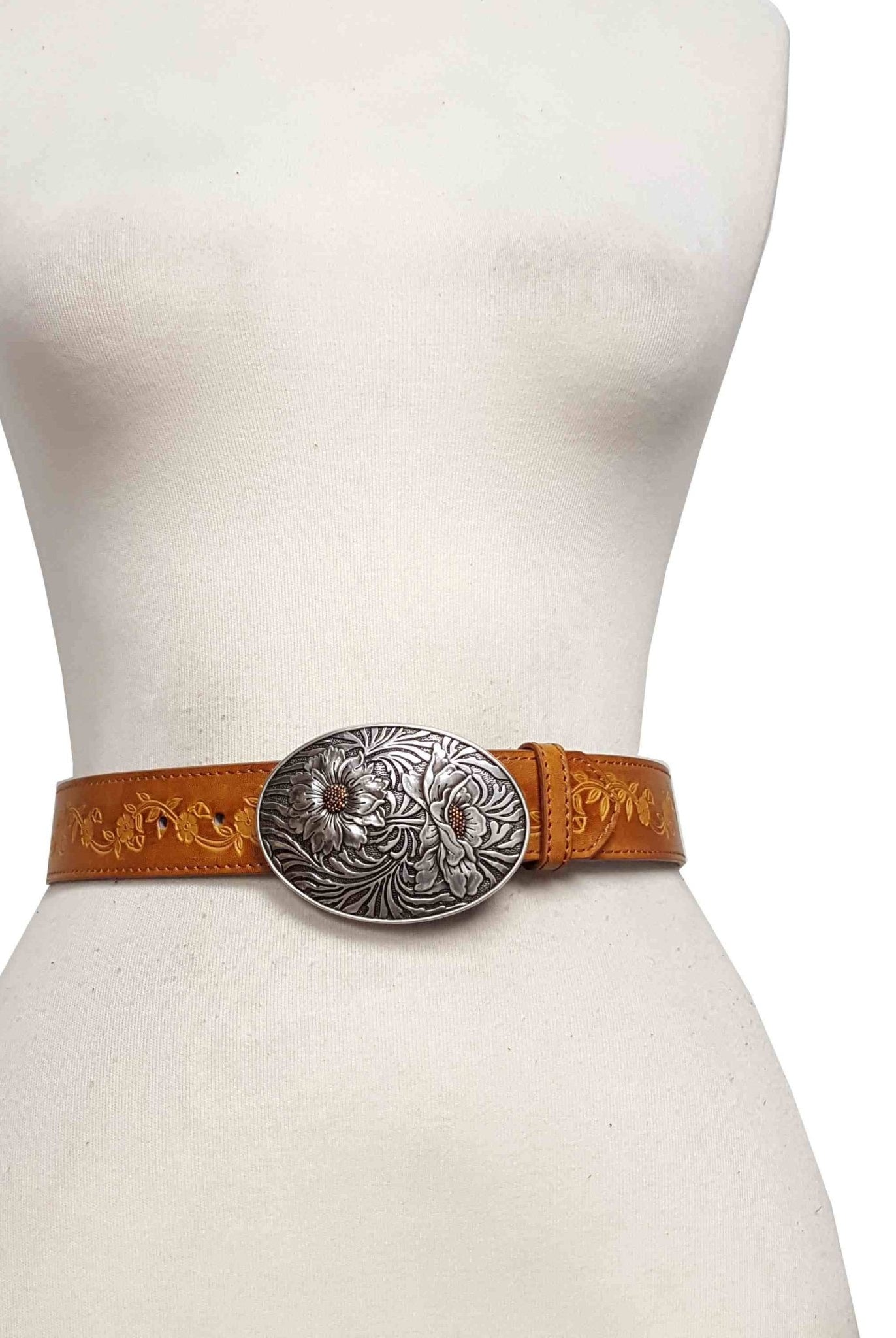 Sunflower Buckle with Vintage Floral Tooled Belt - Top Seller! - Cowhide and Conchos