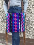 Sunrise Saddle Blanket Crossbody with Suede Fringe - Cowhide and Conchos