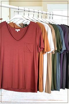 Super Soft Pocket Basic Tee - Marsala, Olive, Ginger, Black and Off White - Cowhide and Conchos