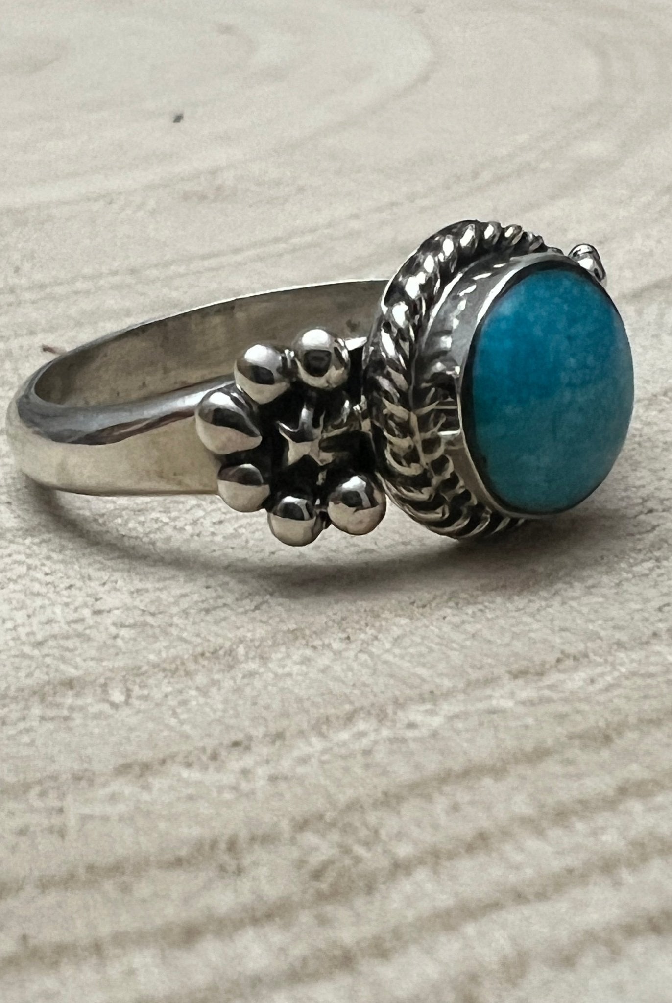 Suzanna Johnson Navajo Handmade Kingman Turquoise Ring - Cowhide and Conchos