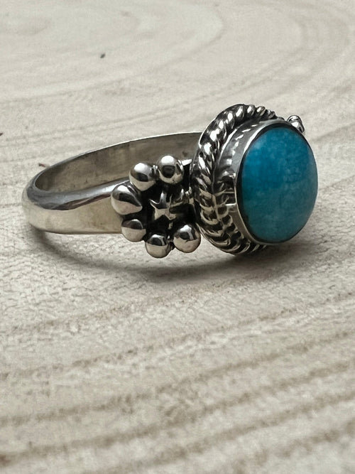 Suzanna Johnson Navajo Handmade Kingman Turquoise Ring - Cowhide and Conchos