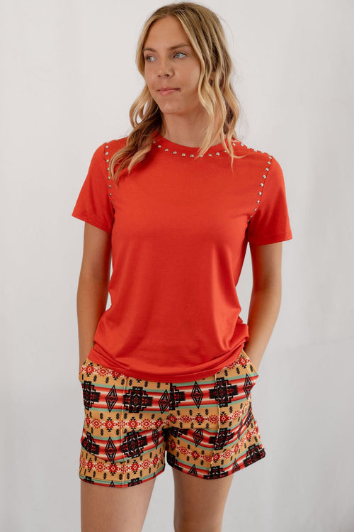 Tan Aztec Printed Crease Detail Shorts - Cowhide and Conchos