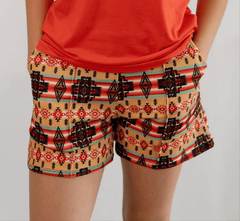 Tan Aztec Printed Crease Detail Shorts - Cowhide and Conchos