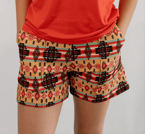 Tan Aztec Printed Crease Detail Shorts - Cowhide and Conchos