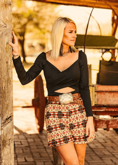 Tan Aztec Printed Crease Detail Shorts - Cowhide and Conchos