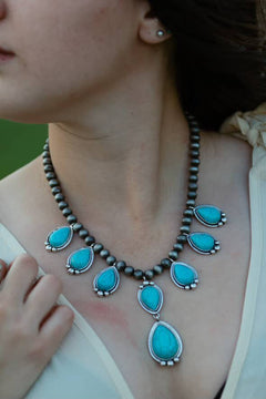 Teardrop Faux Turquoise and Sterling Pearl Necklace - 16 inch + 3 - Cowhide and Conchos