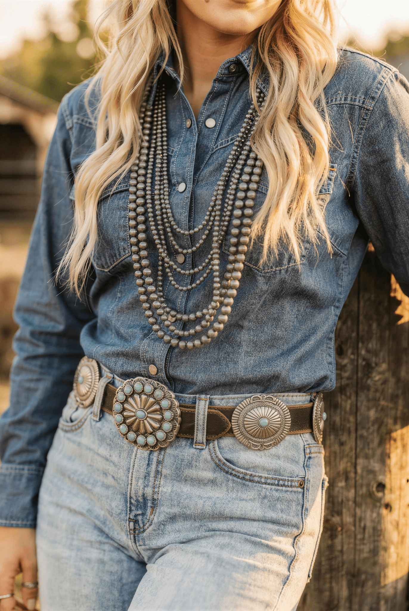 The Look — Concho Belt + Eight-Row Pearl Necklace Set - Cowhide and Conchos