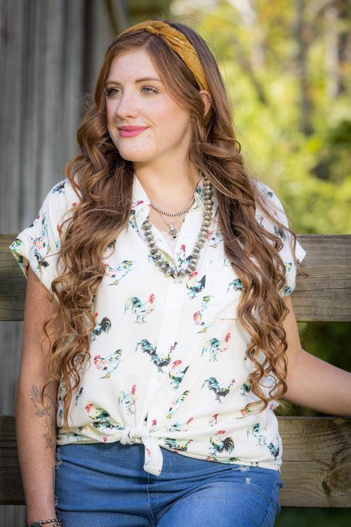 The OG Rooster Button Up Blouse - Cowhide and Conchos