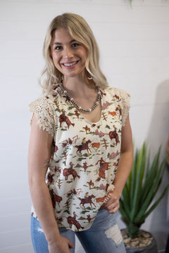 The Round Up Lace Trim Top - Cowhide and Conchos