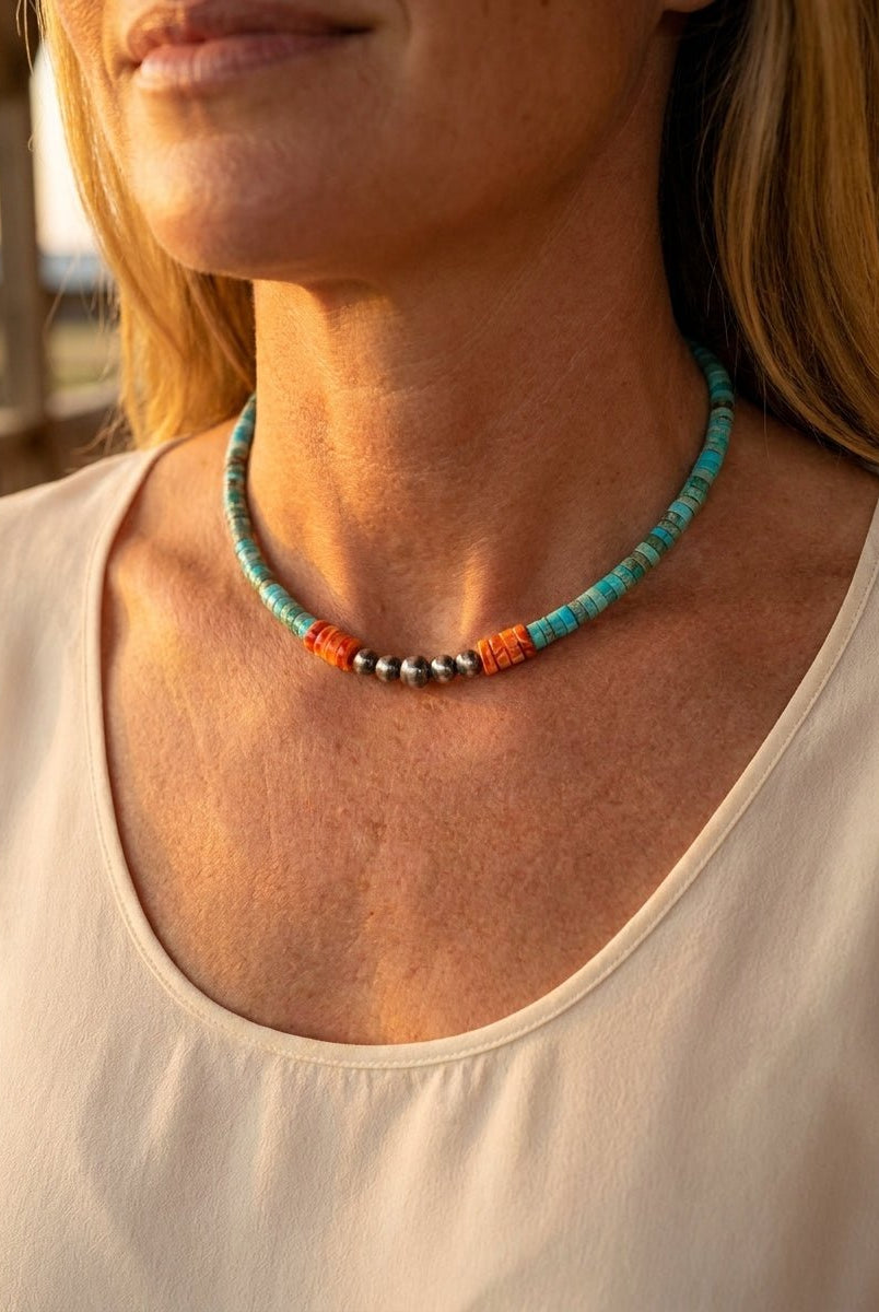 "The Vibrant" Choker — Spiny Oyster, Variscite Turquoise & Sterling Pearl — 14 inch (with 3 inch extender) - Cowhide and Conchos