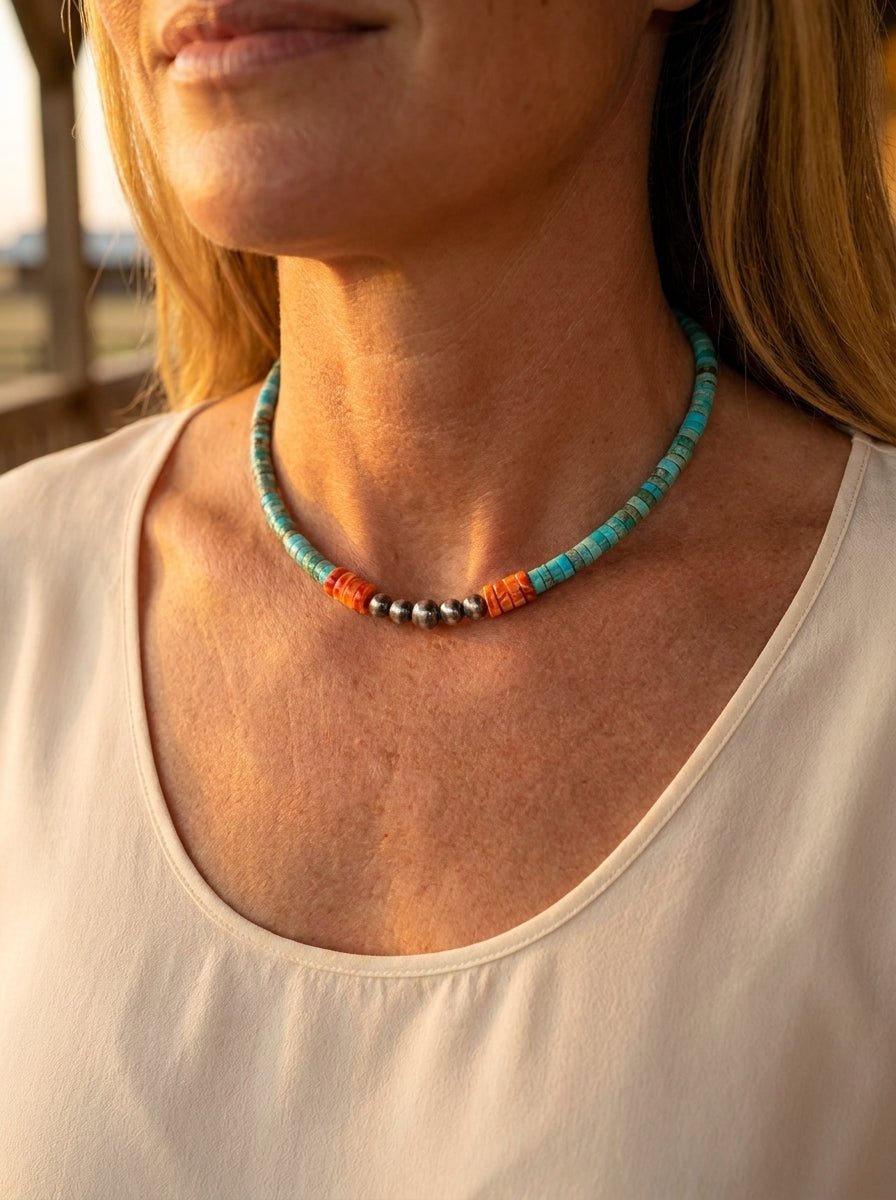 "The Vibrant" Choker — Spiny Oyster, Variscite Turquoise & Sterling Pearl — 14 inch (with 3 inch extender) - Cowhide and Conchos