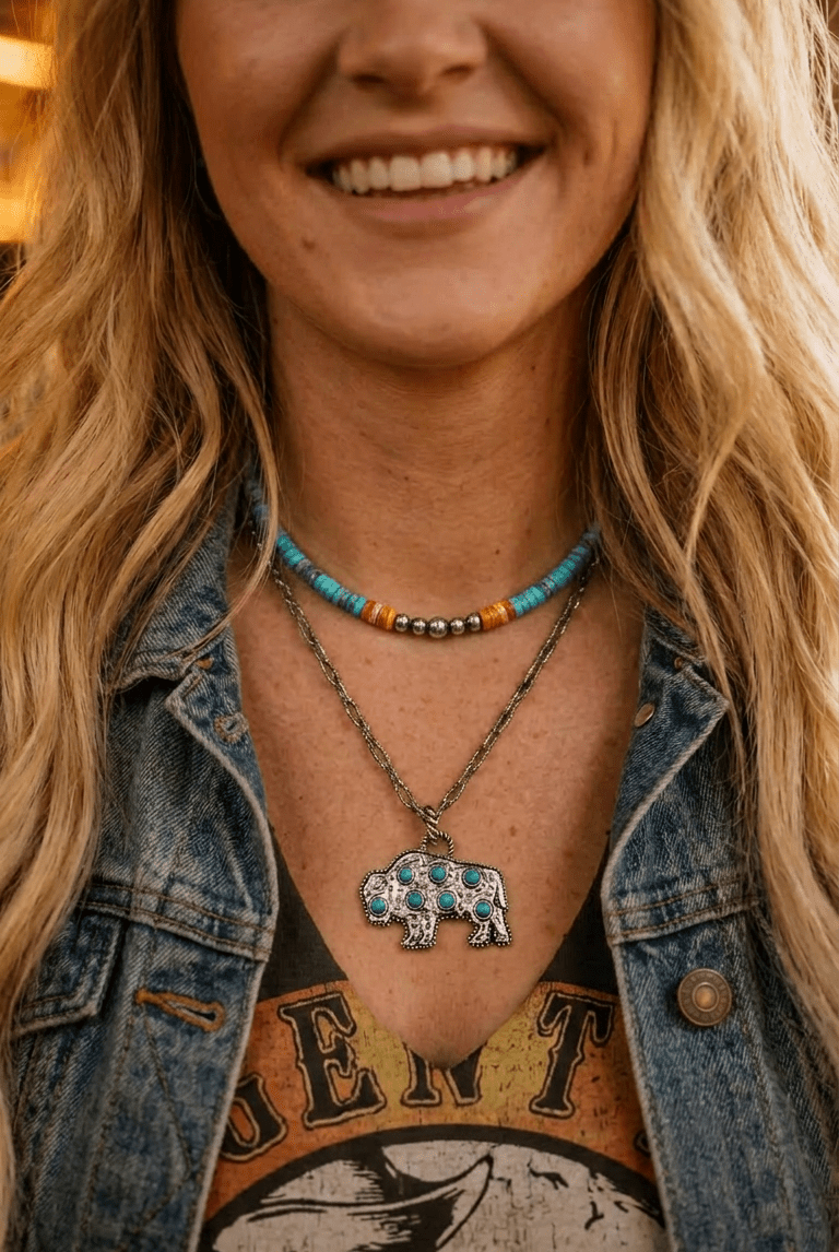The Vibrant Choker: Spiny Oyster, Variscite Turquoise & Sterling Pearls - Cowhide and Conchos